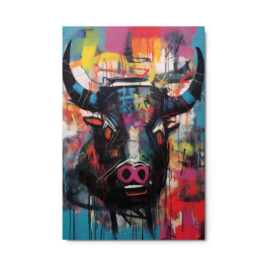 "Graffiti Bull" colorful bull portrait glossy metal poster 24"×36" with neon pink snout, bold black horns, paint drips, and vibrant street art splashes on teal red yellow background by GiveMeMood