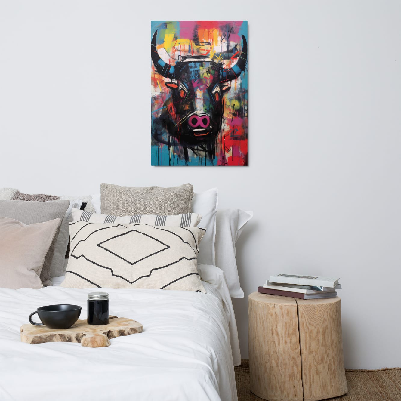"Graffiti Bull" glossy metal wall art print 24"×36" displayed above a cozy bed in a minimalist bedroom, vibrant graffiti bull face with pink snout and dripping paint accents by GiveMeMood
