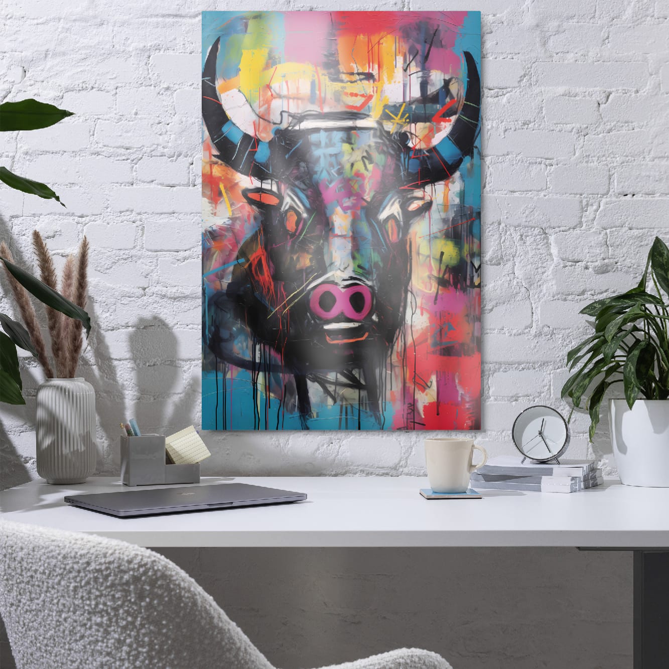 "Graffiti Bull" glossy metal poster 24"×36" on a white brick wall above a modern desk with laptop and plants, colorful street art bull portrait for contemporary workspace decor by GiveMeMood