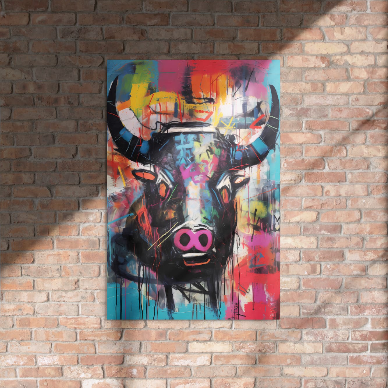 "Graffiti Bull" glossy metal wall art print 24"×36" mounted on rustic exposed brick wall with natural light, colorful graffiti bull face with neon pink snout and paint drips by GiveMeMood
