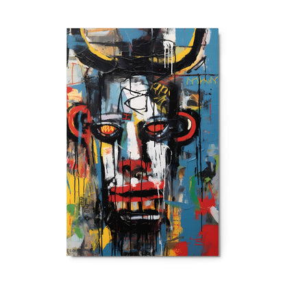 "Urban Minotaur" graffiti minotaur face glossy metal poster 24"x36" with dripping paint, bold red eyes, and vivid blue yellow red street art background, modern metal wall decor by GiveMeMood