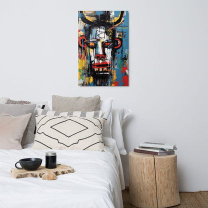 "Urban Minotaur" glossy metal wall art poster 24"x36" displayed above a cozy bed in a neutral minimalist bedroom, colorful graffiti minotaur portrait as a bold modern accent by GiveMeMood