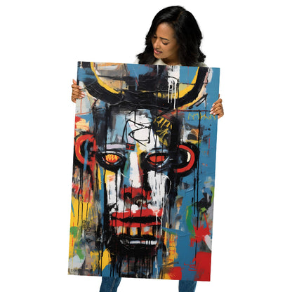 "Urban Minotaur" 24"x36" glossy metal print held by a woman, expressive graffiti minotaur portrait with dripping black paint lines and vibrant blue red yellow tones by GiveMeMood