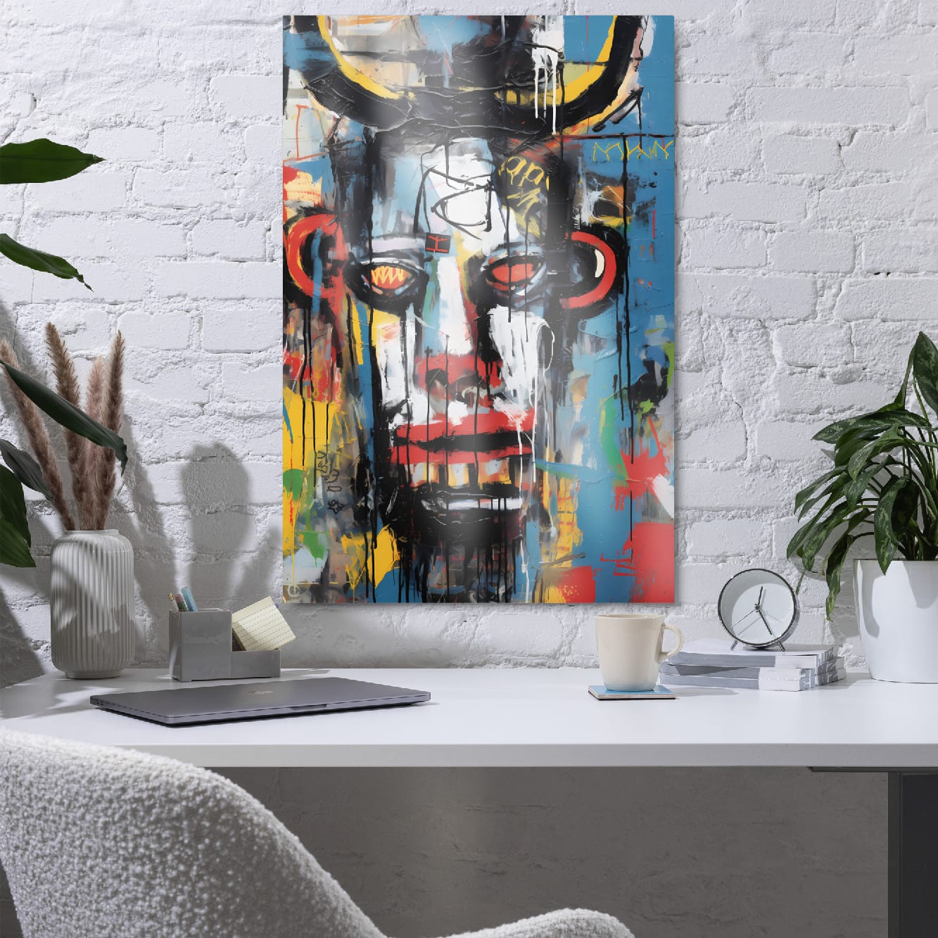 "Urban Minotaur" glossy metal poster 24"x36" on a white brick wall above a modern desk with laptop and plants, colorful street art minotaur face for contemporary workspace decor by GiveMeMood