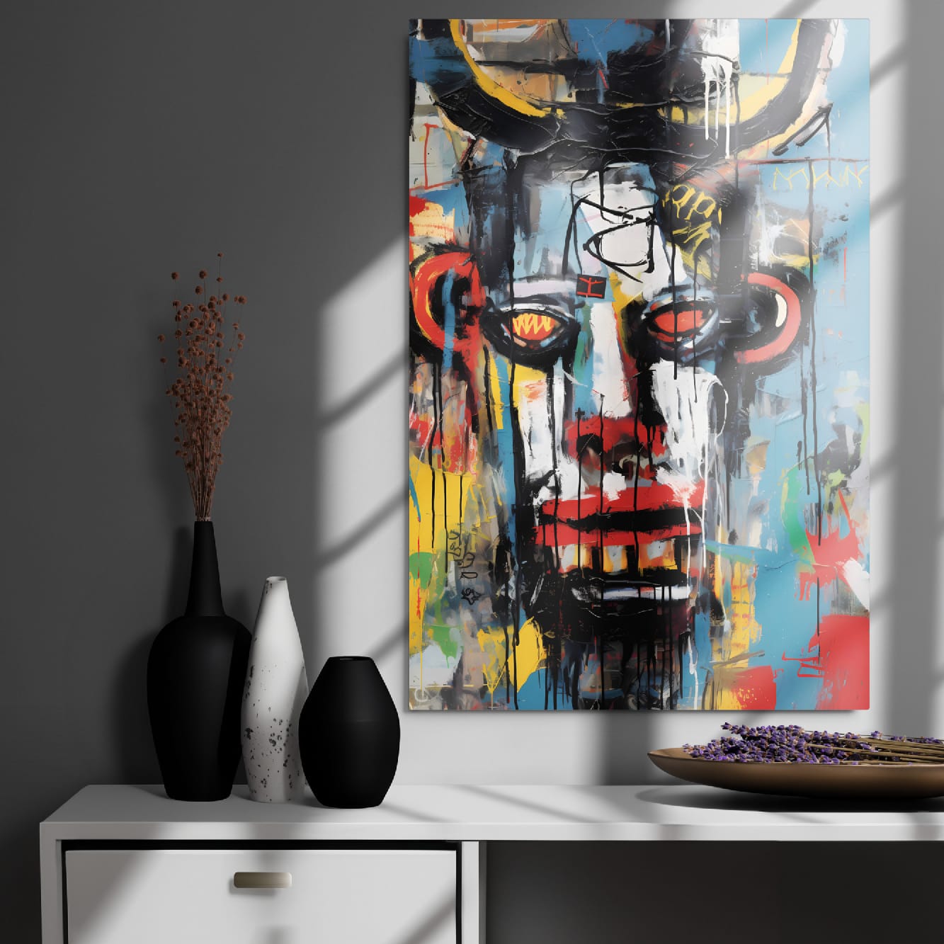 "Urban Minotaur" glossy metal wall art print 24"x36" on a charcoal wall above a cabinet with minimalist vases, window-light shadows highlighting the colorful graffiti minotaur portrait by GiveMeMood