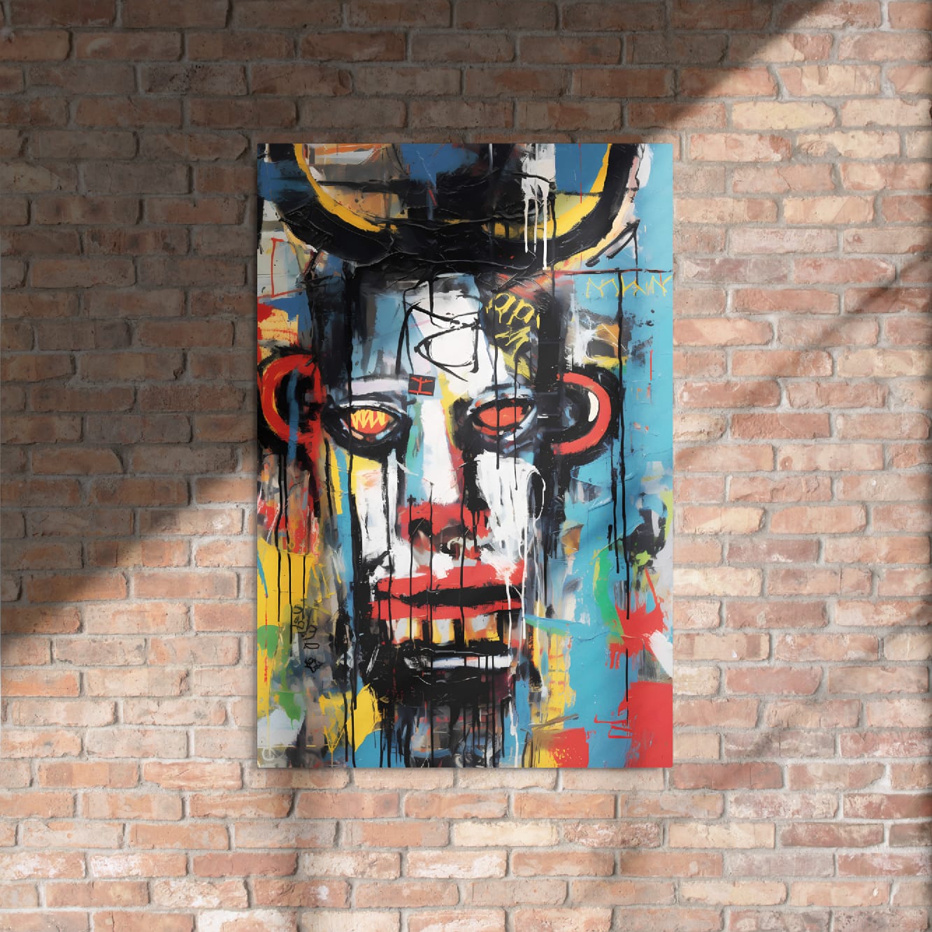 "Urban Minotaur" glossy metal wall art poster 24"x36" mounted on rustic exposed brick wall with natural window light, colorful graffiti minotaur portrait for urban loft decor by GiveMeMood