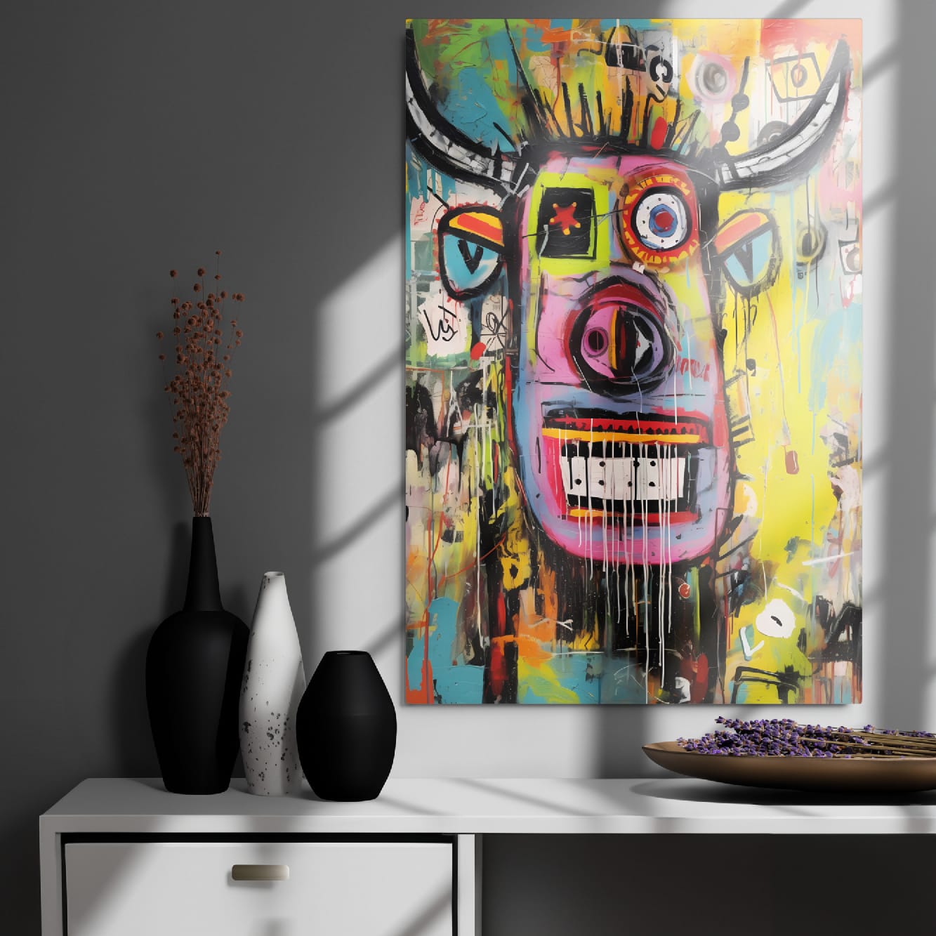 "Horned Head" — Graffiti Longhorn Print Art on Glossy Metal Poster