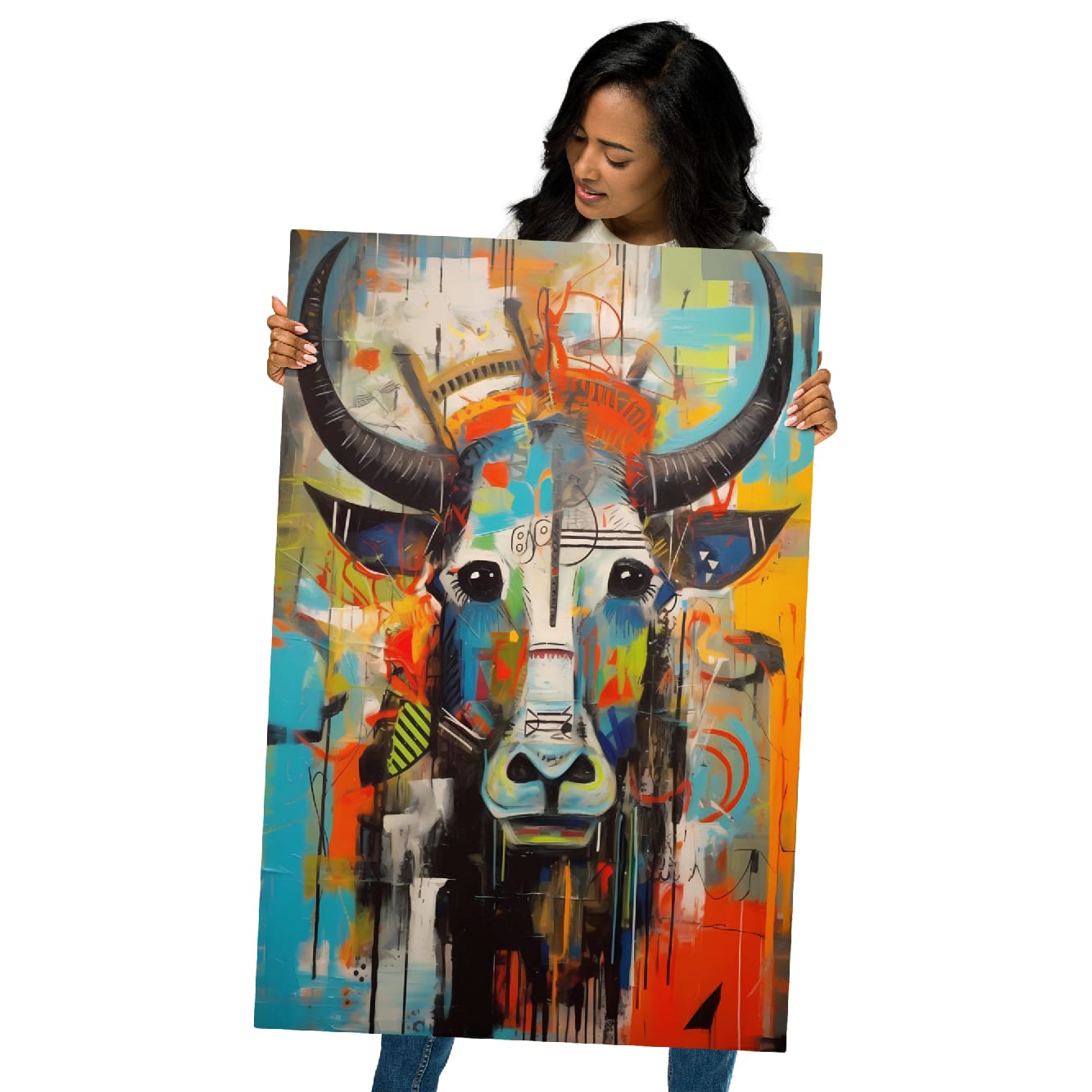 "Mural Bull" — Graffiti Longhorn Print Art on Glossy Metal Poster
