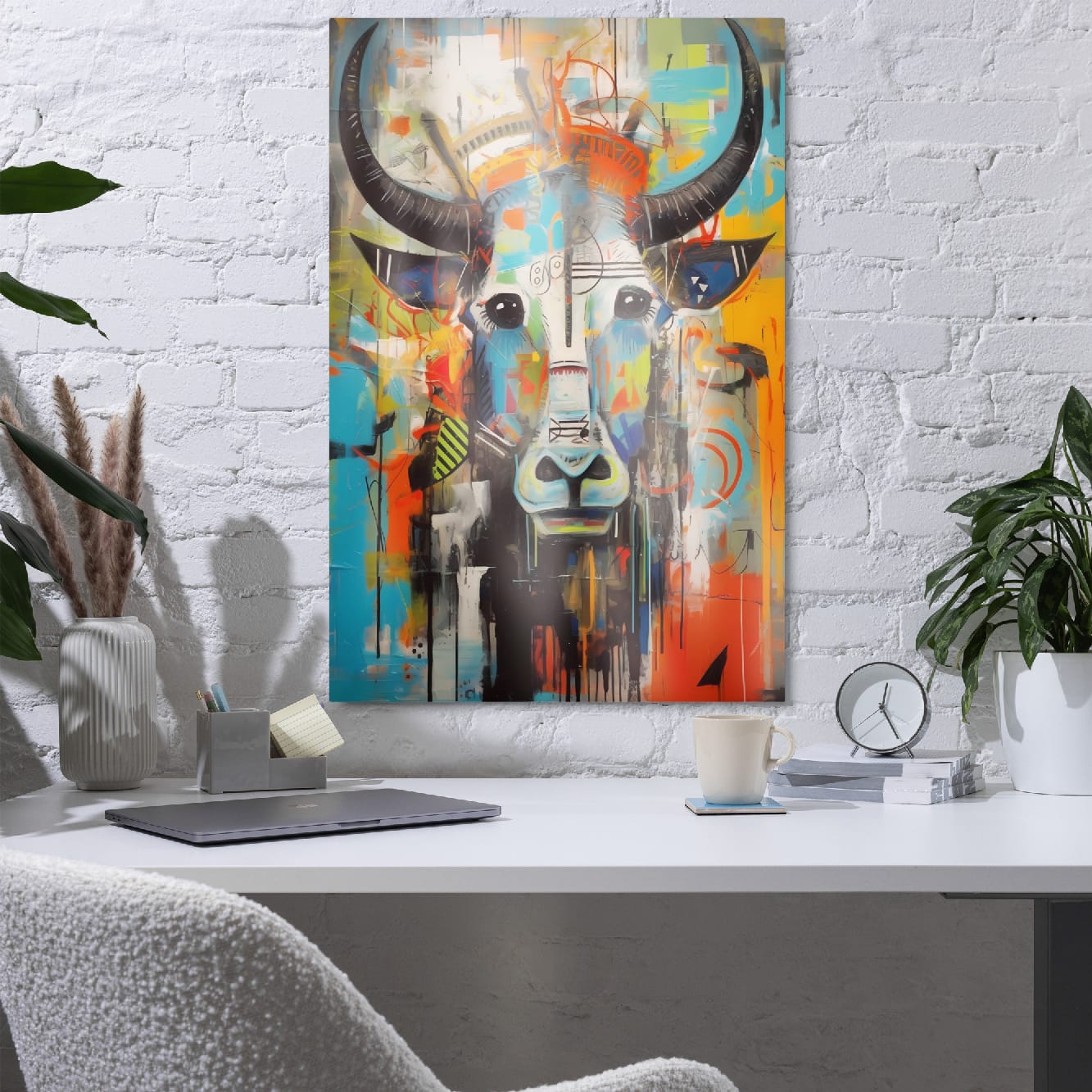 "Mural Bull" — Graffiti Longhorn Print Art on Glossy Metal Poster