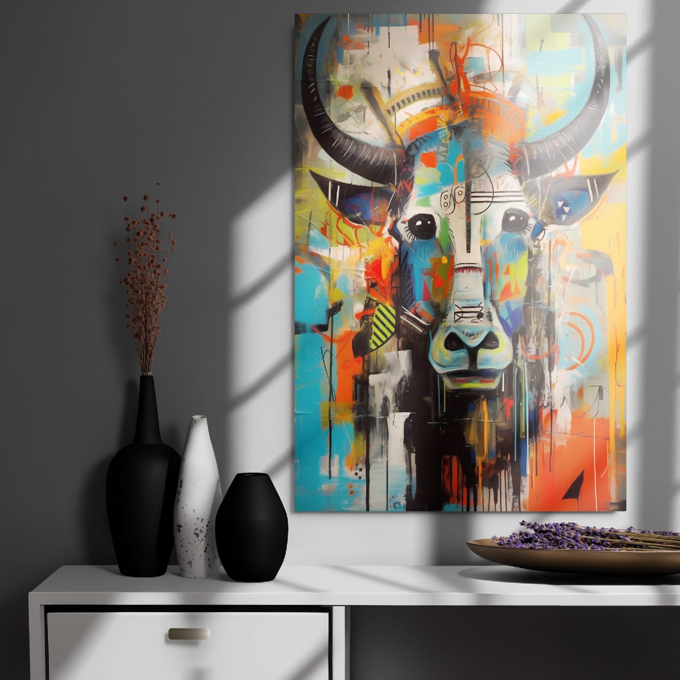 "Mural Bull" — Graffiti Longhorn Print Art on Glossy Metal Poster