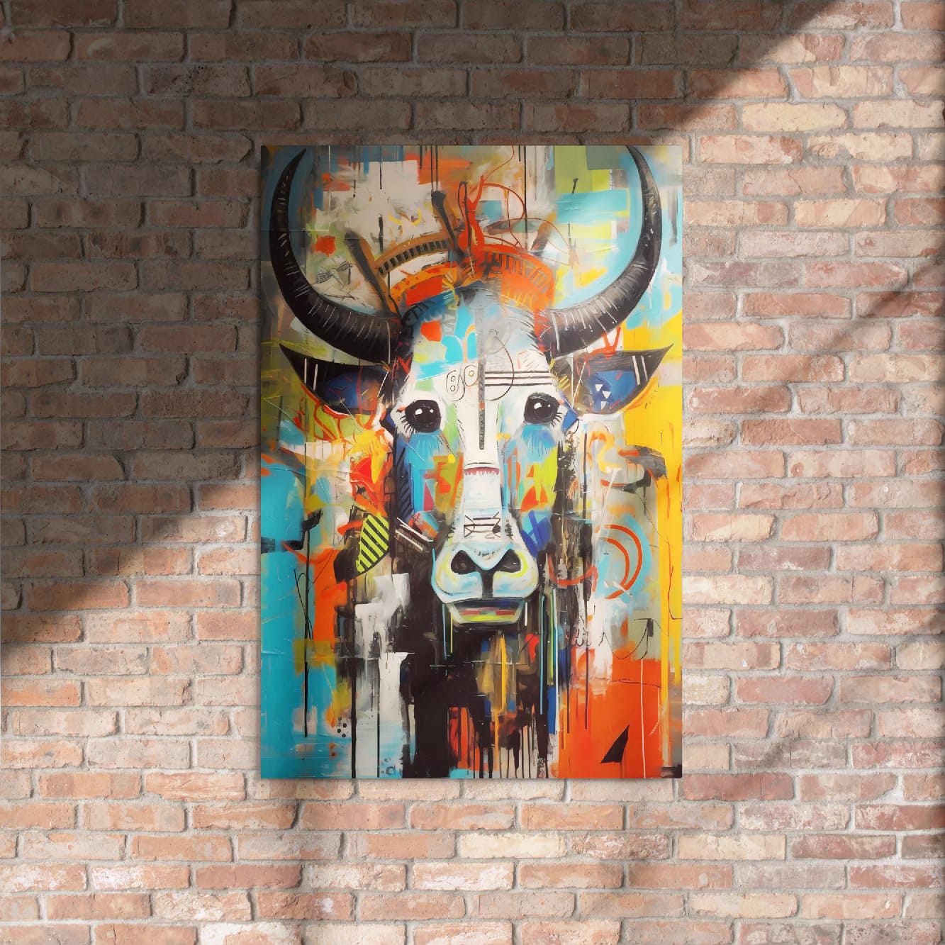 "Mural Bull" — Graffiti Longhorn Print Art on Glossy Metal Poster
