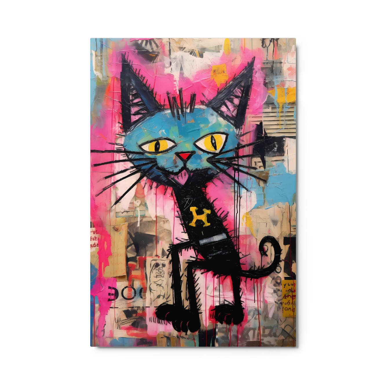 Graffiti style blue cat with yellow eyes and bone collar on pink abstract background metal print