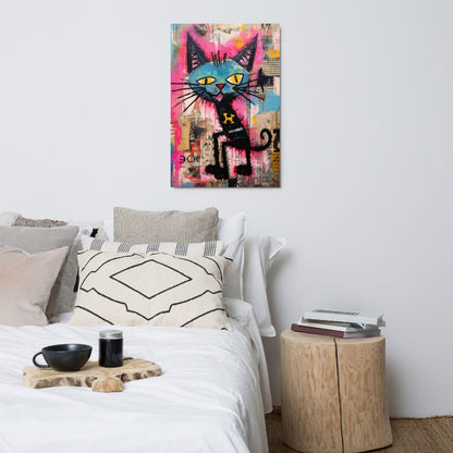 Whimsical street art cat 24″×36″ glossy poster in modern living room with gray walls