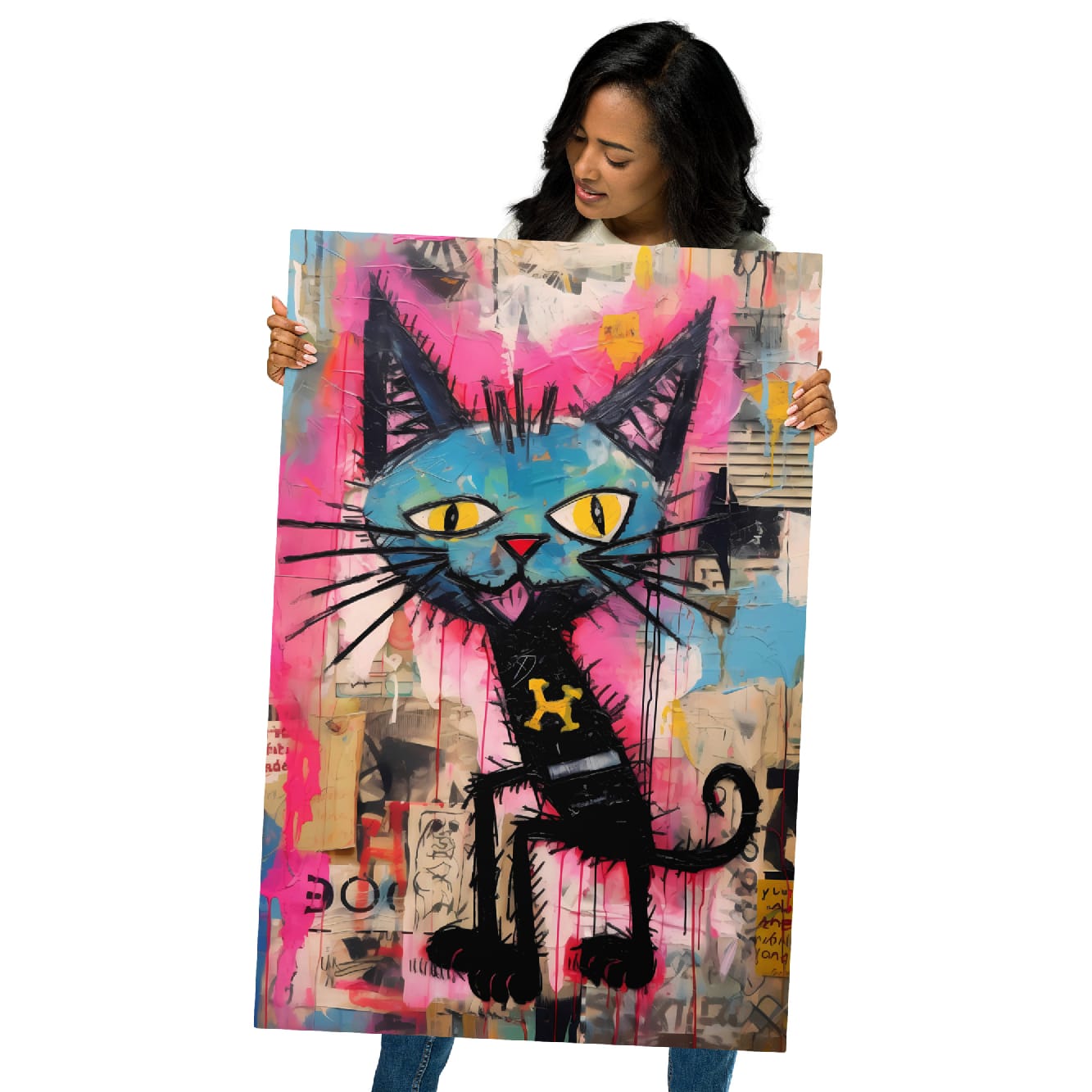 Playful blue faced cat metal wall art on white brick above home office desk