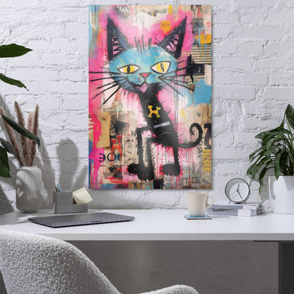 Urban art cat print with dripping pink paint on concrete wall with sunlight