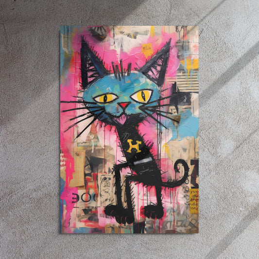 Woman holding large 24″×36″ graffiti cat glossy metal poster with collage background