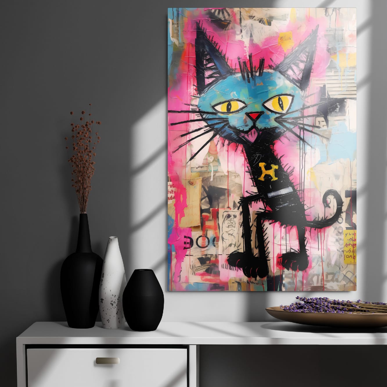 Cute cartoon cat street art metal print in elegant room with decorative vases