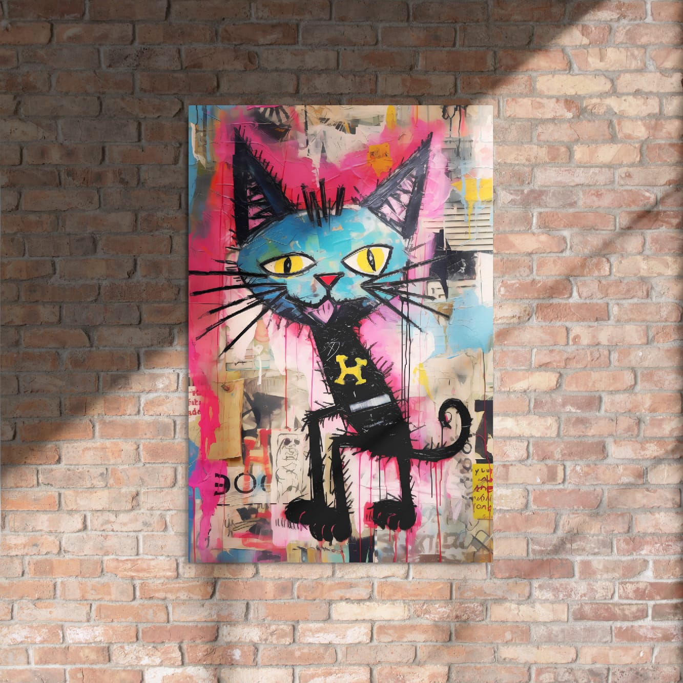 Blue cat graffiti artwork 24″×36″ on exposed brick wall with natural lighting