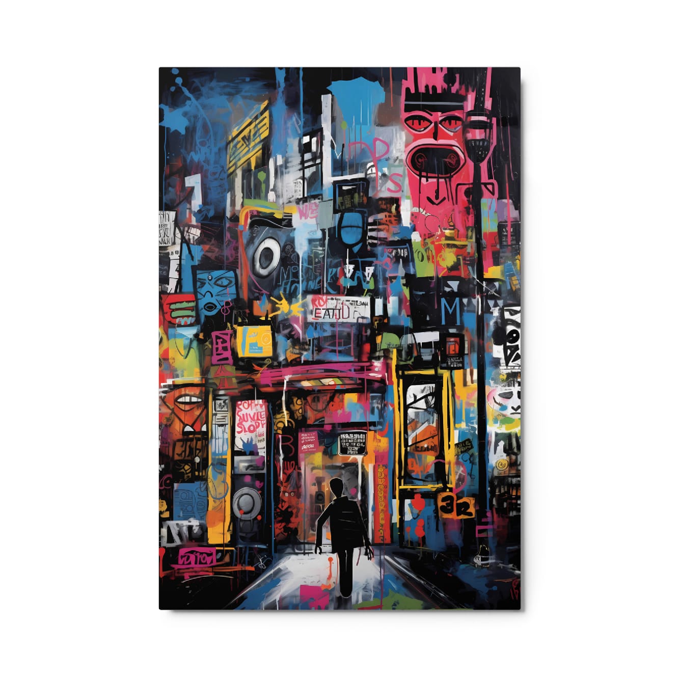 Urban Wanderer aluminum print art close-up view showing neon pink blue yellow graffiti and silhouette figure