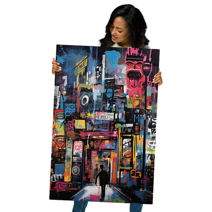 Woman holding large Urban Wanderer glossy metal poster showing vibrant street art print size 24x36 inches
