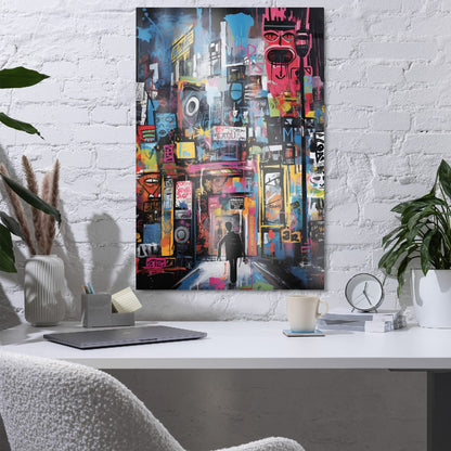 Large graffiti metal poster 24x36 as creative workspace decor on white brick wall with plants and desk setup