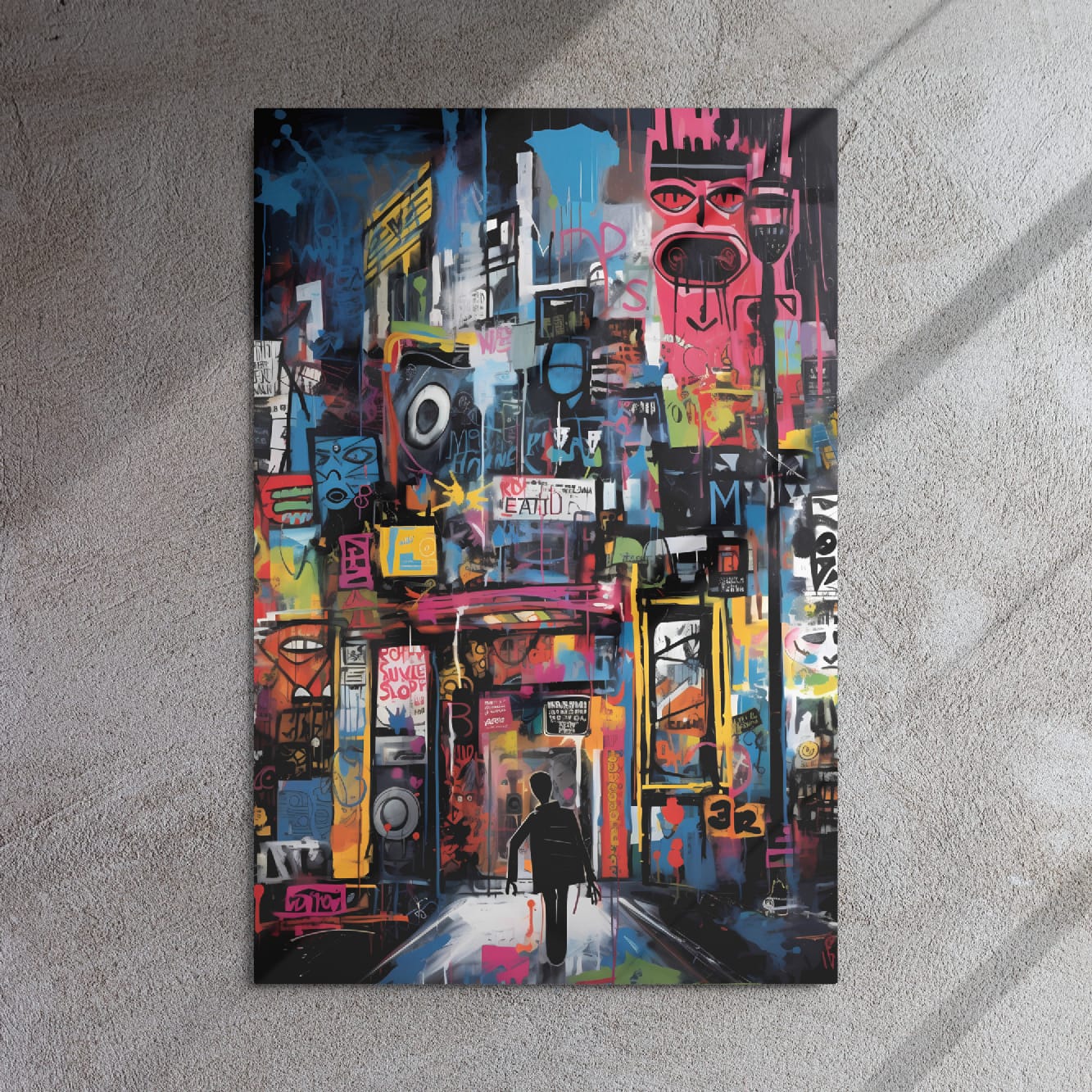 Urban graffiti aluminum art print leaning on concrete floor with dramatic window light highlighting glossy surface