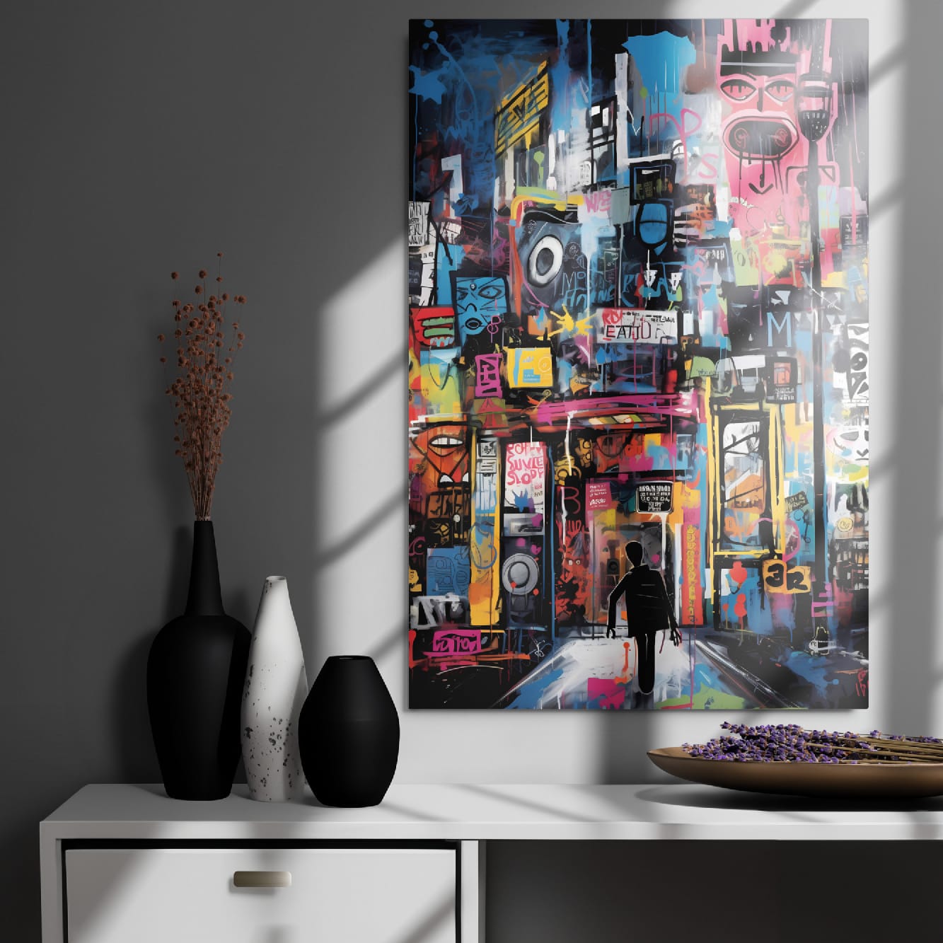 Abstract street art aluminum print displayed above modern console with black ceramic vases in minimalist gray interior