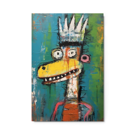 "Crowned Beast" glossy metal poster 24"x36" product photo on white background, close-up pop-art crowned beast with spiky crown, bulging eyes, toothy yellow snout, dripping paint textures, and teal-green backdrop, by GiveMeMood