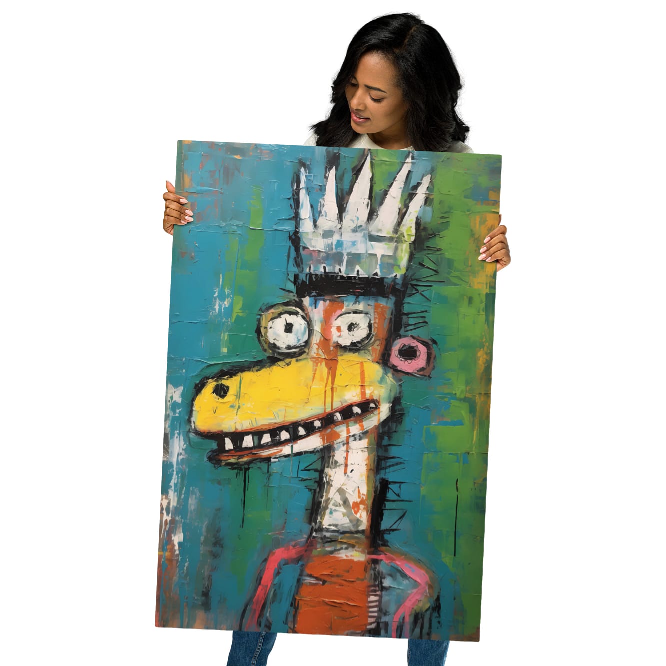 "Crowned Beast" glossy metal poster 24"x36" held by model, oversized graffiti-style crowned beast metal print with bold black outlines, spiked crown, wide eyes, yellow snout, and teal-lime paint background, by GiveMeMood