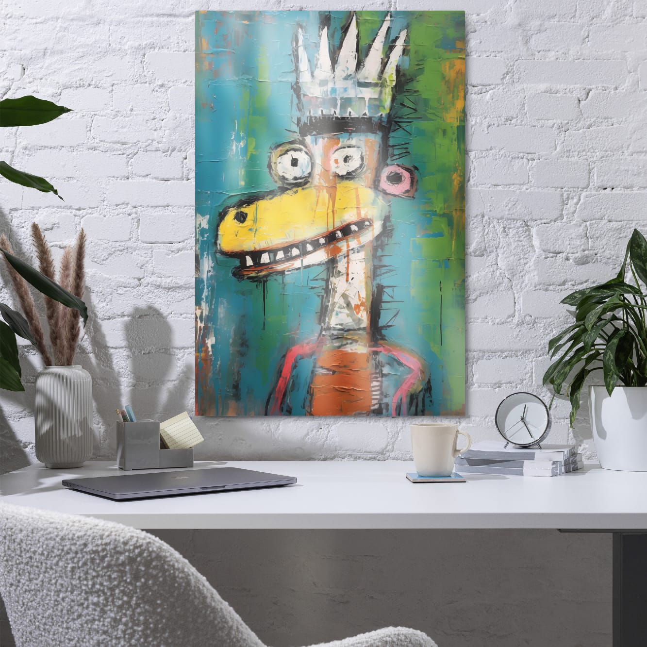 "Crowned Beast" glossy metal poster 24"x36" in a home office above desk on white brick wall, colorful crowned creature graffiti artwork with spiky crown, wide eyes, toothy grin, and teal-green street-art backdrop, by GiveMeMood