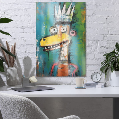 "Crowned Beast" glossy metal poster 24"x36" in a home office above desk on white brick wall, colorful crowned creature graffiti artwork with spiky crown, wide eyes, toothy grin, and teal-green street-art backdrop, by GiveMeMood