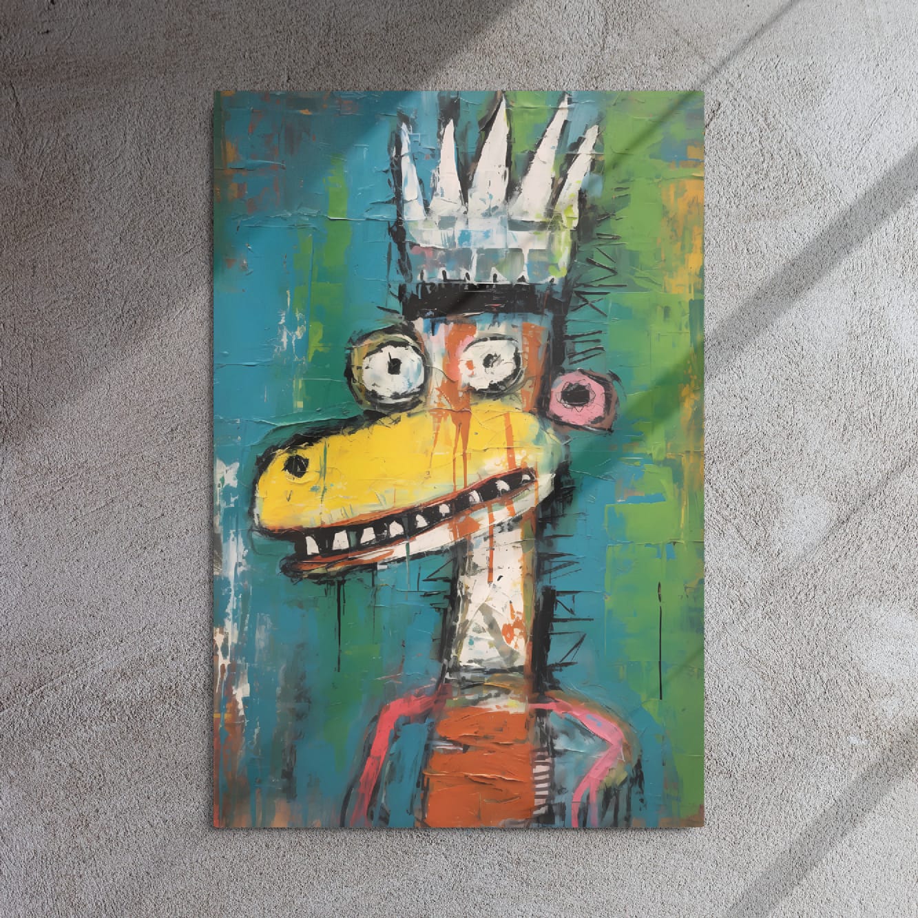 "Crowned Beast" glossy metal poster 24"x36" on textured concrete wall with diagonal light shadows, quirky crowned beast pop-art wall art with spiky crown, toothy yellow snout, paint drips, and teal-green background, by GiveMeMood