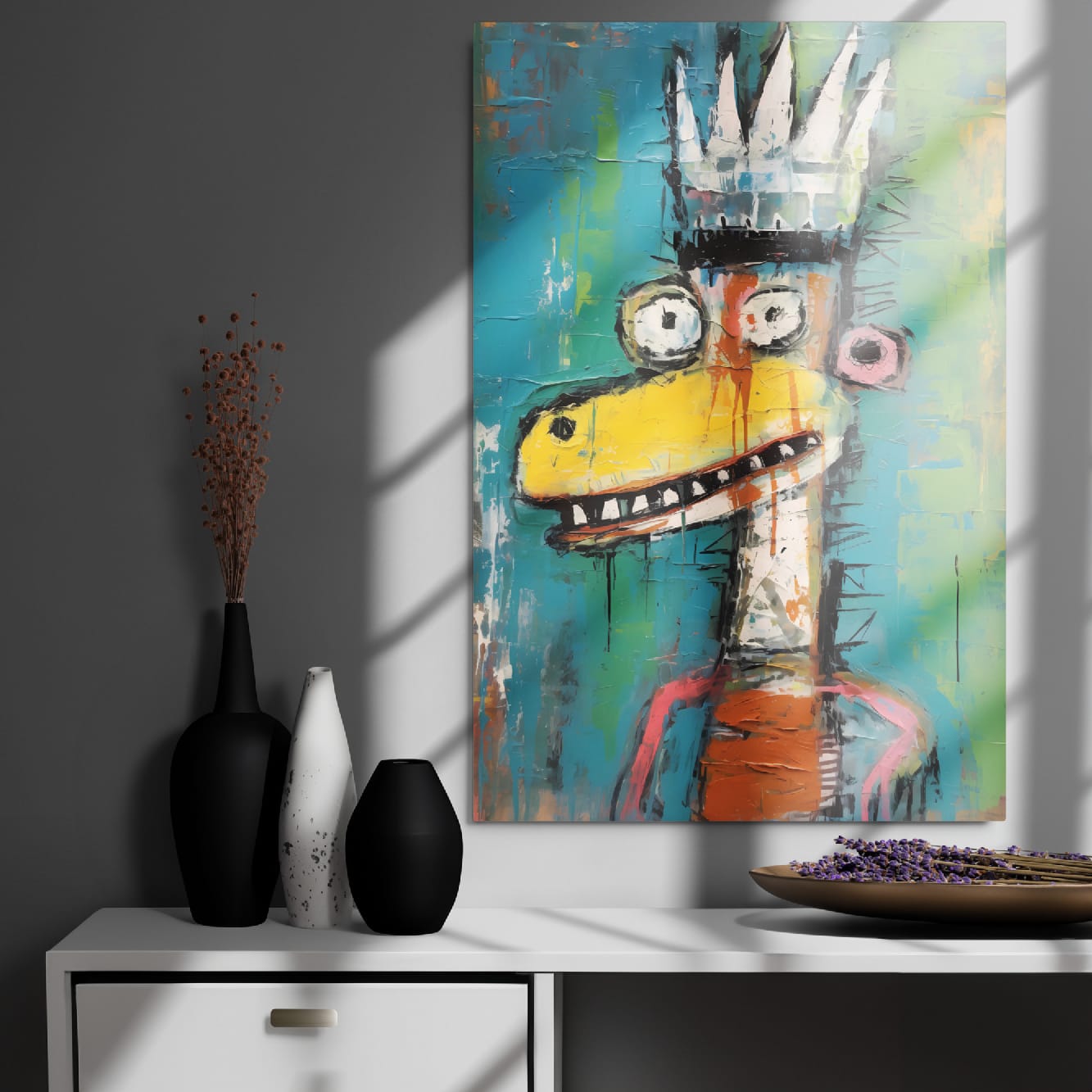 "Crowned Beast" glossy metal poster 24"x36" on modern gray wall above console decor with window-light shadows, bold street-art crowned beast metal wall print with spiky crown, bulging eyes, and teal-green graffiti backdrop, by GiveMeMood