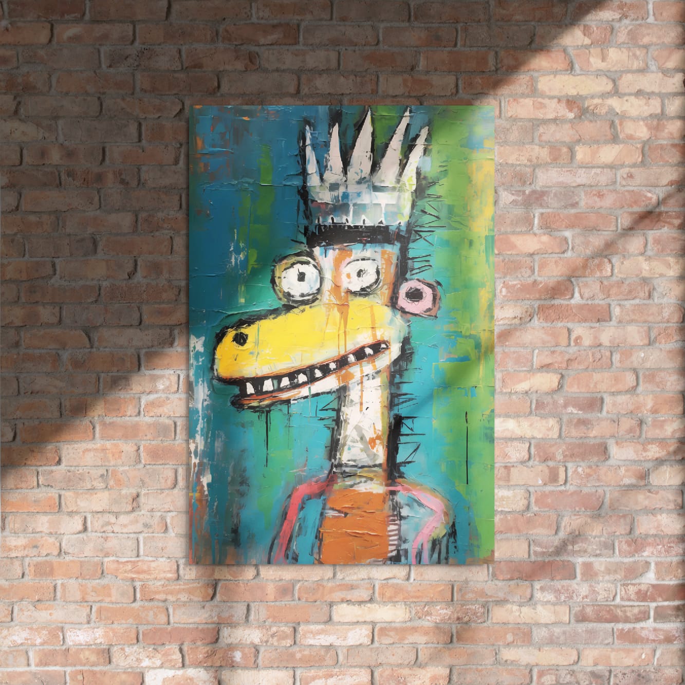 "Crowned Beast" glossy metal poster 24"x36" on rustic brick wall with sun shadows, street-art crowned creature portrait with spiky white crown, wide eyes, yellow snout, and teal-green paint-splatter background, by GiveMeMood