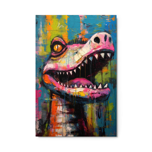 "Gator Grin" glossy metal poster 24"x36" product photo on white background, close-up pop-art crocodile face with jagged teeth, neon pink highlights, yellow eye, and layered teal-green brush textures, by GiveMeMood