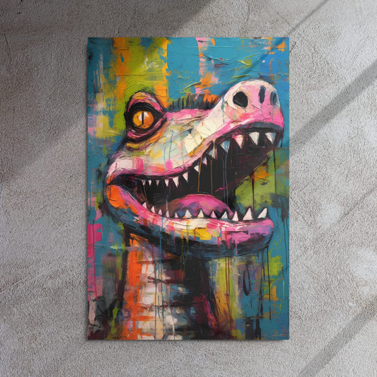 "Gator Grin" glossy metal poster 24"x36" on textured concrete wall with diagonal window-light shadows, bold graffiti gator grin with sharp teeth, bright yellow eye, and dripping teal/green backdrop, by GiveMeMood