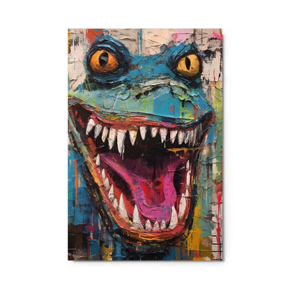 "Grinning Beast" glossy metal poster 24"x36" product photo on white background, close-up abstract lizard portrait with wide open mouth, jagged teeth, yellow eyes, hot-pink tongue, and vivid paint-drip graffiti textures, by GiveMeMood
