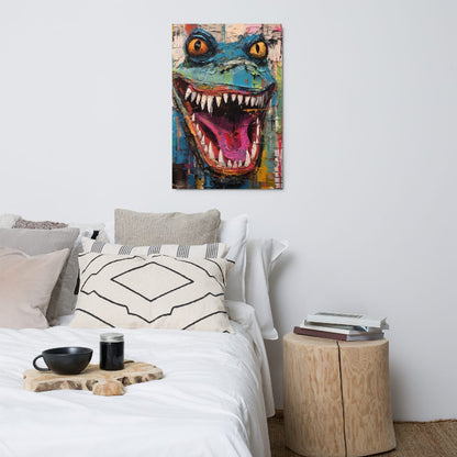 "Grinning Beast" glossy metal poster 24"x36" above bed in a modern bedroom, bold abstract lizard wall art with wide grin, sharp white teeth, yellow eyes, and colorful teal/blue paint-drip street-art background, by GiveMeMood