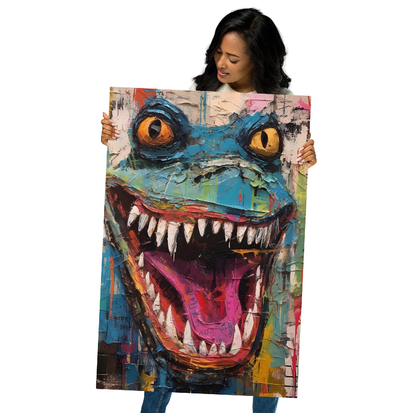 "Grinning Beast" glossy metal poster 24"x36" held by model, oversized abstract reptile metal print with wide grin, jagged white teeth, bright yellow eyes, pink mouth, and vibrant teal-to-orange paint-splatter graffiti background, by GiveMeMood