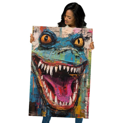 "Grinning Beast" glossy metal poster 24"x36" held by model, oversized abstract reptile metal print with wide grin, jagged white teeth, bright yellow eyes, pink mouth, and vibrant teal-to-orange paint-splatter graffiti background, by GiveMeMood