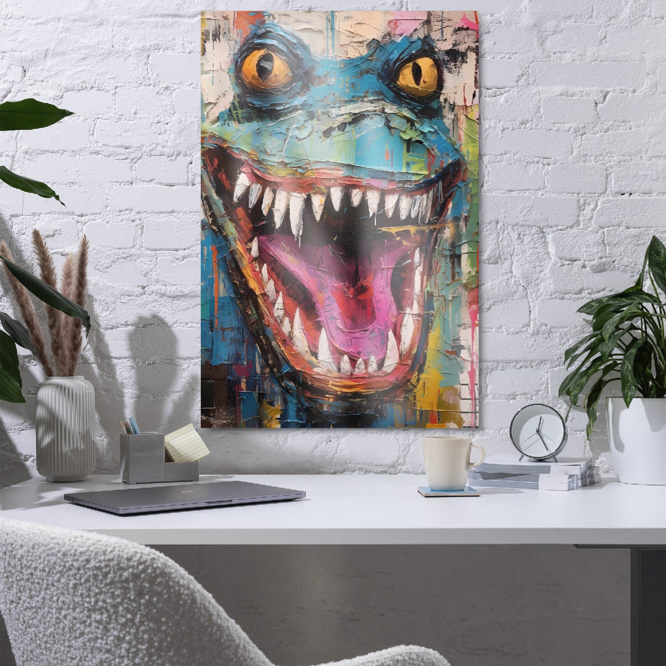 "Grinning Beast" glossy metal poster 24"x36" in a home office above desk on white brick wall, contemporary abstract lizard wall decor with open mouth, sharp teeth, yellow eyes, and vibrant paint-drip graffiti layers, by GiveMeMood