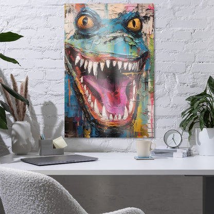 "Grinning Beast" glossy metal poster 24"x36" in a home office above desk on white brick wall, contemporary abstract lizard wall decor with open mouth, sharp teeth, yellow eyes, and vibrant paint-drip graffiti layers, by GiveMeMood