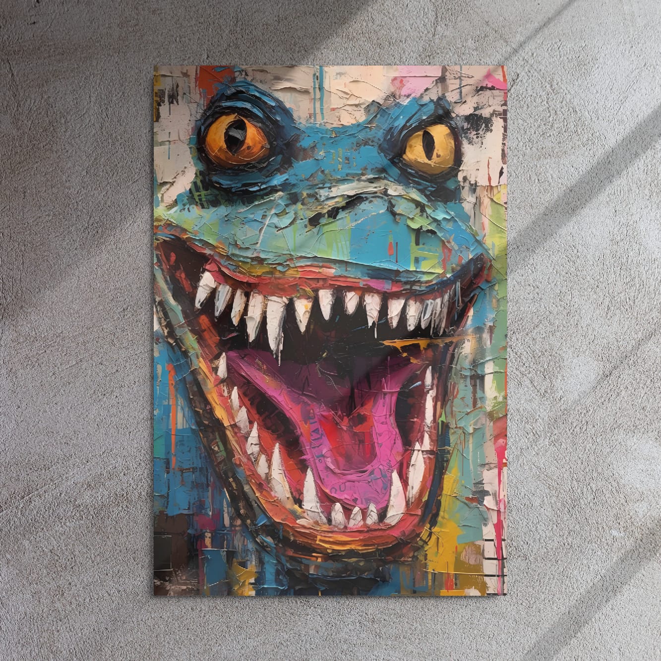 "Grinning Beast" glossy metal poster 24"x36" on textured concrete wall with diagonal window-light shadows, abstract lizard pop-art print with wide open jaws, sharp teeth, yellow eyes, and colorful paint-drip graffiti textures, by GiveMeMood