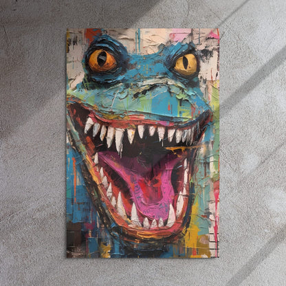 "Grinning Beast" glossy metal poster 24"x36" on textured concrete wall with diagonal window-light shadows, abstract lizard pop-art print with wide open jaws, sharp teeth, yellow eyes, and colorful paint-drip graffiti textures, by GiveMeMood