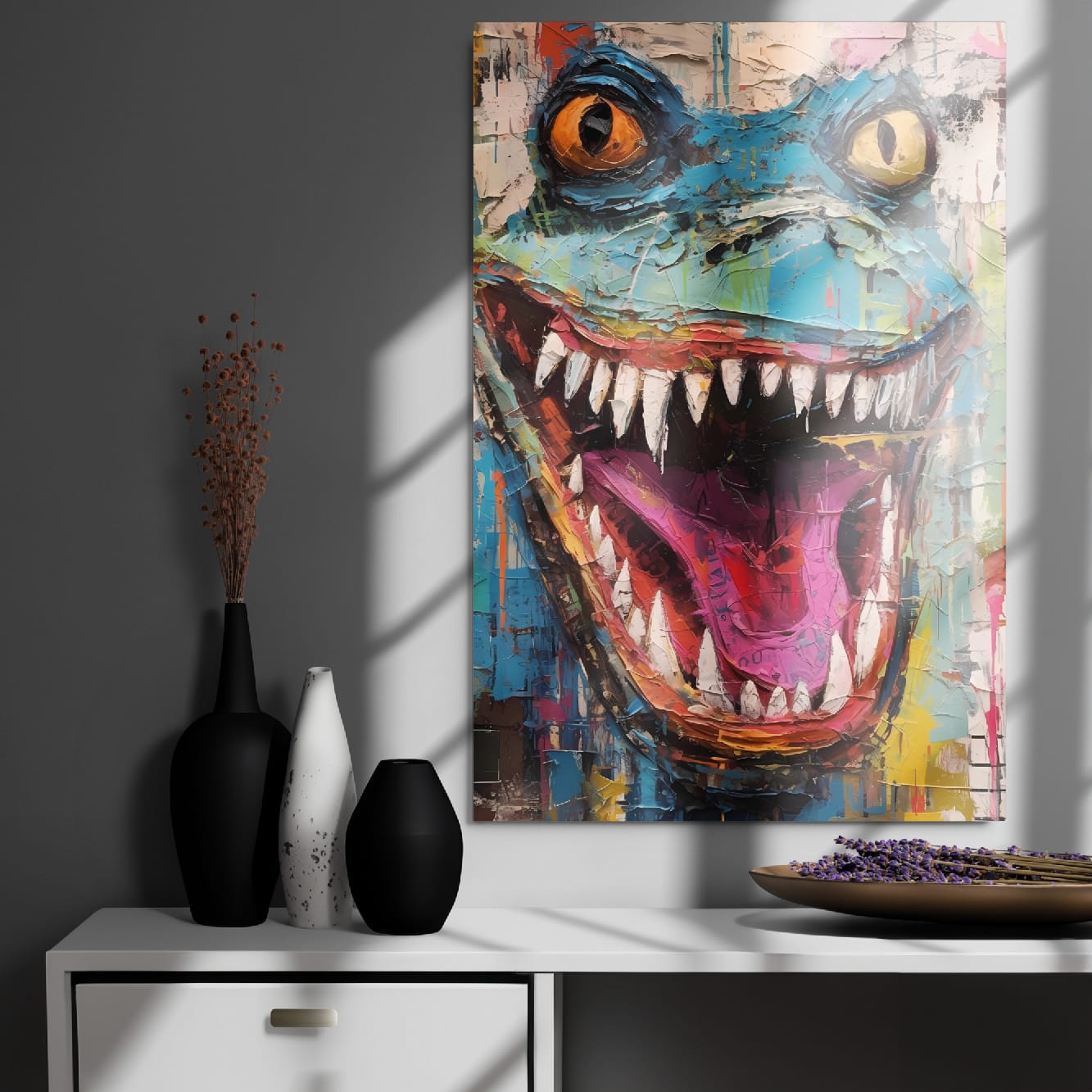 "Grinning Beast" glossy metal poster 24"x36" on modern gray wall above console decor with window-light shadows, abstract lizard wall art with wide open mouth, sharp teeth, yellow eyes, and teal paint-drip graffiti texture, by GiveMeMood