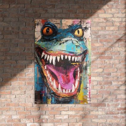 "Grinning Beast" glossy metal poster 24"x36" on rustic brick wall with sun shadows, colorful abstract lizard wall decor featuring open jaws, sharp teeth, yellow eyes, and layered teal/blue street-art paint drips, by GiveMeMood