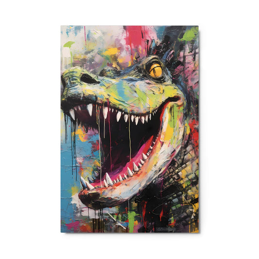 "Primal Roar" glossy metal poster 24"x36" product photo on white background, close-up pop-art dinosaur portrait with huge open mouth, pointed white teeth, yellow eye, teal-and-lime paint strokes, and vivid magenta tongue, by GiveMeMood
