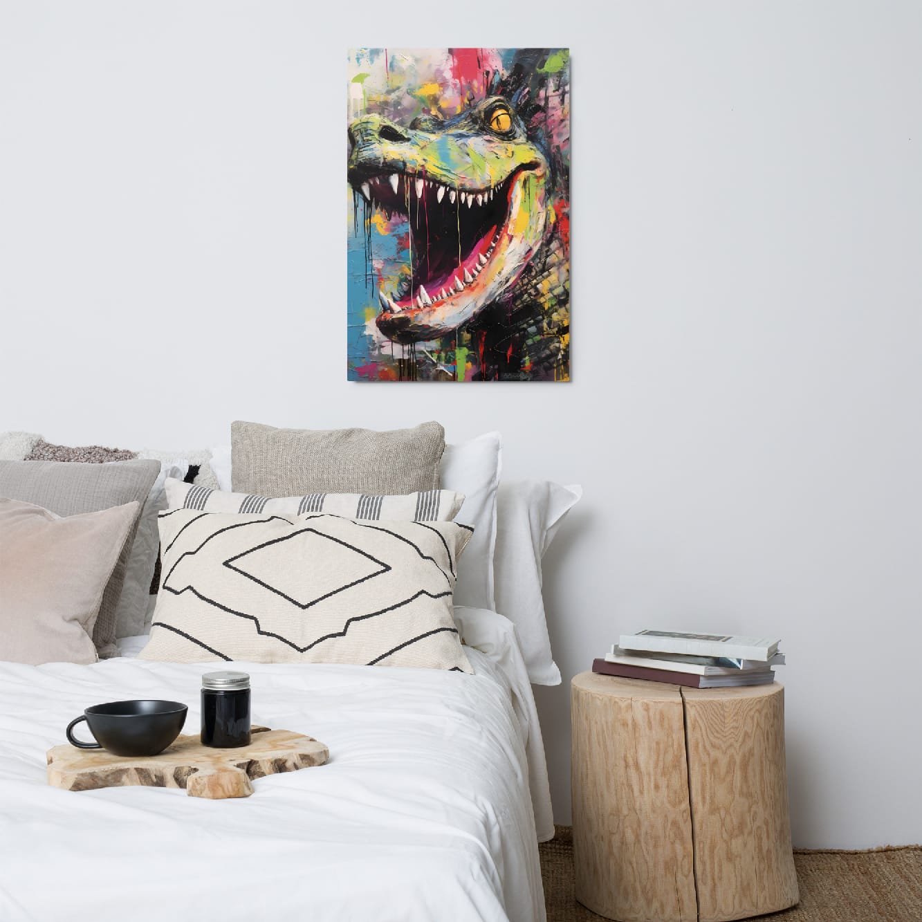 "Primal Roar" glossy metal poster 24"x36" above bed in a modern bedroom, vibrant abstract dinosaur wall art with open jaws, pointed teeth, yellow eye, teal-and-blue face, and dripping street-art paint layers, by GiveMeMood