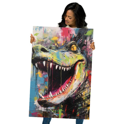 "Primal Roar" glossy metal poster 24"x36" held by model, oversized abstract dinosaur metal wall art with wide roar, sharp white teeth, golden eye, teal-green face, and bright pink tongue over splashed graffiti paint textures, by GiveMeMood