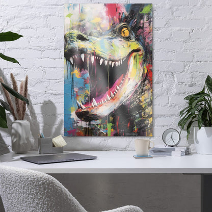 "Primal Roar" glossy metal poster 24"x36" in a home office above desk on white brick wall, abstract dinosaur wall art with wide open jaws, sharp white teeth, golden-yellow eye, teal-green snout, and hot-pink tongue in paint-drip graffiti style, by GiveMeMood